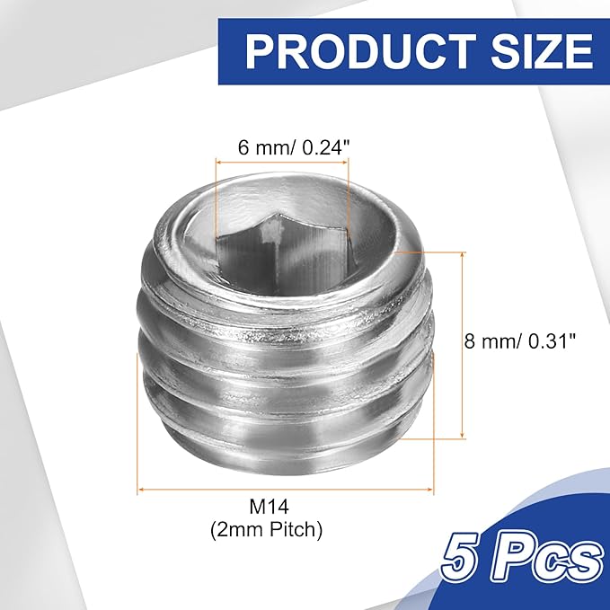 PATIKIL 5 Pcs 304 Stainless Steel Pipe Plug M14 x 2 Male Internal Hex Thread Socket Pipe Plug Hex Countersunk Pipe Fitting for Sealing Water Oil Gas Pipeline, Silver