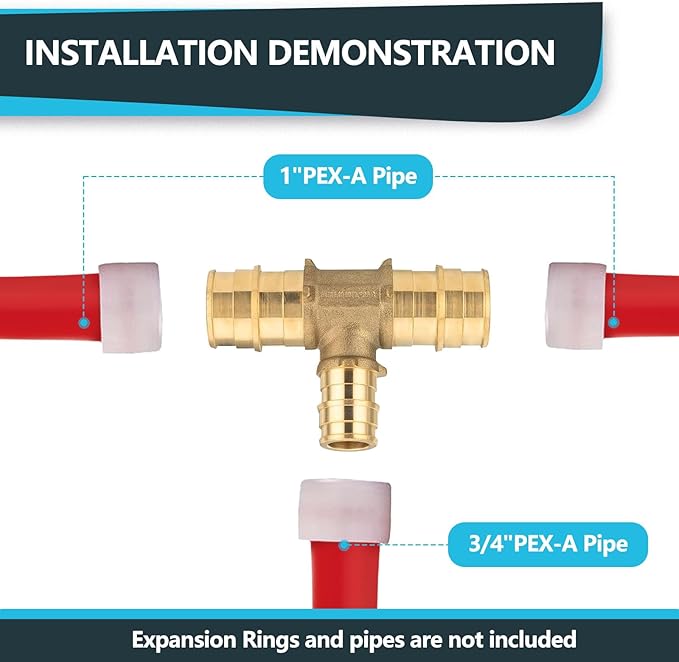 (5-Pack) Seelink PEX-A Expansion Fittings, 1" x 1" x 3/4" PEX-A Tee, Brass Expansion Pipe Fittings, for PEX Tubing Pipe Hose Fittings, ASTM F1960