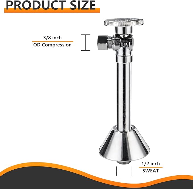 2-PCs HeSun Angle Stop Valve with 5-Inch Copper Sweat Tube Extension, 1/2" Sweat x 3/8" OD Compression Angle Stop, 1/4 Turn Shut Off Valve for Bathroom(VALVE145-2)