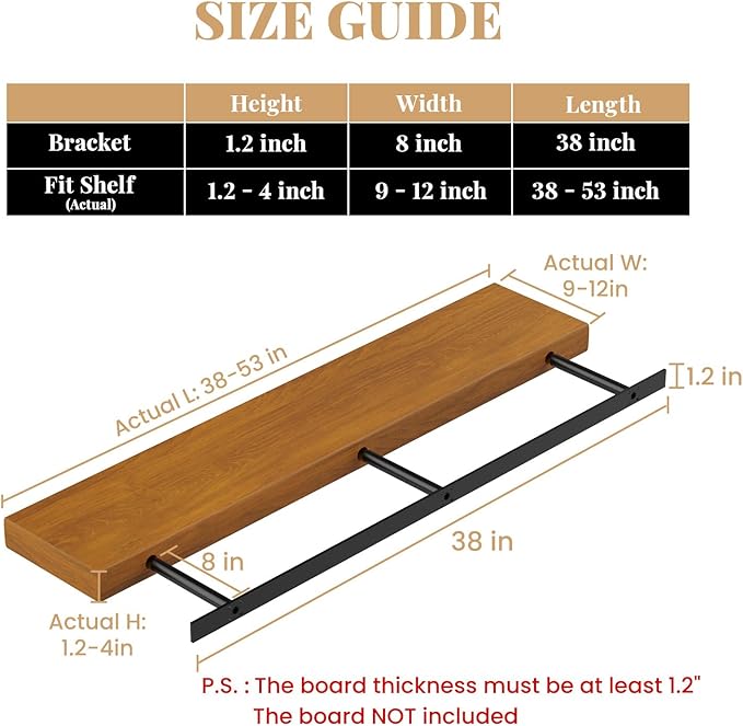 Floating Shelf Bracket Heavy Duty Shelving Brackets,Decorative Floating Shelf Hardware Black,Hidden Metal Shelf Support Bracket(38X8X1.2-Starter Jig)