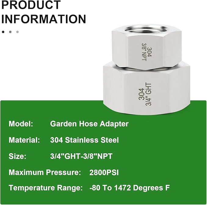 TAISHER 5PCS 304 Stainless Steel Garden Hose Adapter, 3/4" GHT Female x 3/8" NPT Female Garden Hose Connector with Washers