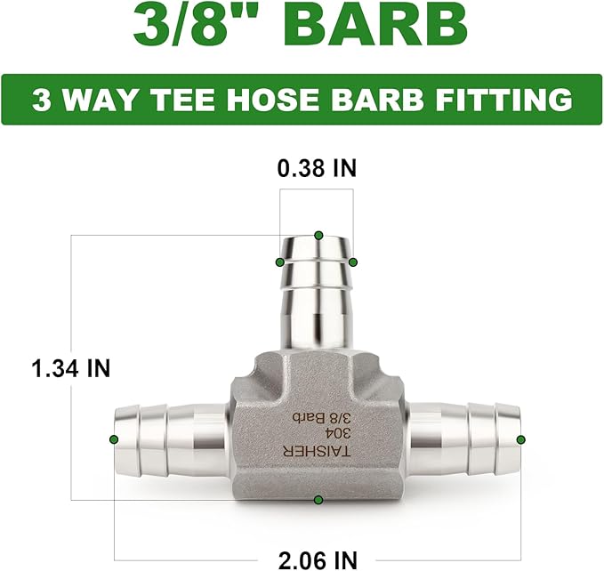 TAISHER 1PCS Forging of 304 Stainless Steel 3 Way Tee Hose Barb Fitting, 3/8" x 3/8" x 3/8" Hose Barb for Fuel/Air/Lquid/Gas with 3PCS Hose Clamp