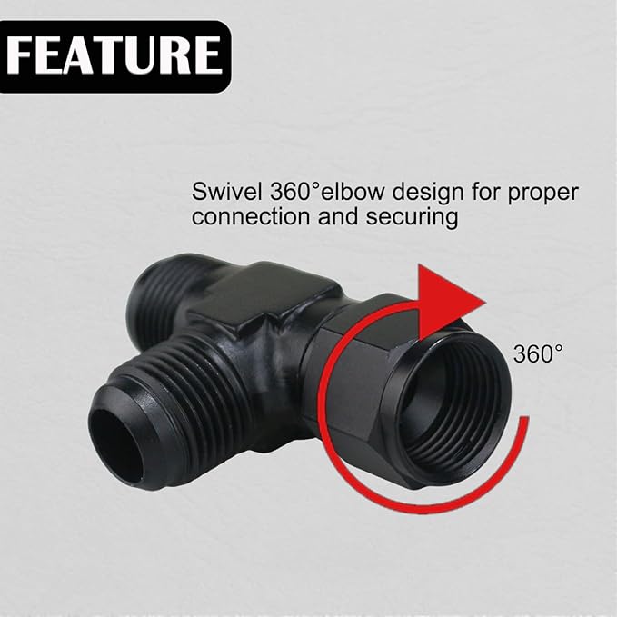 10AN Flare Male Tee Fitting Adapter with AN6 Female Swivel on Run Black