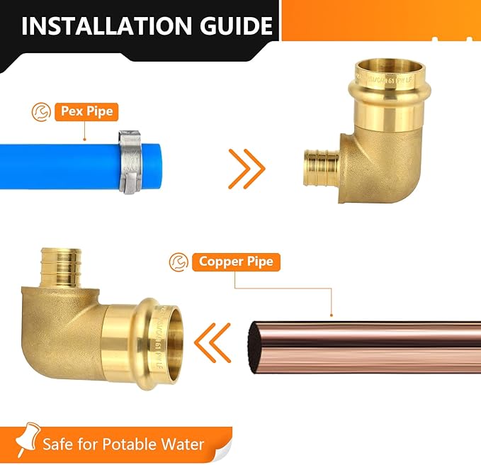 5-Pack HeSun Copper Press Fitting Elbow, 1" PRESS X 3/4" PEX F1807 Crimp Elbow, LF Brass