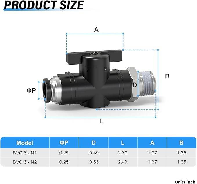 TAILONZ PNEUMATIC 6MM Tube OD x 1/4 Inch NPT Thread Ball Valve Air Flow Control Valve Push to Connect Fitting BVC6-N2（Pack of 3）
