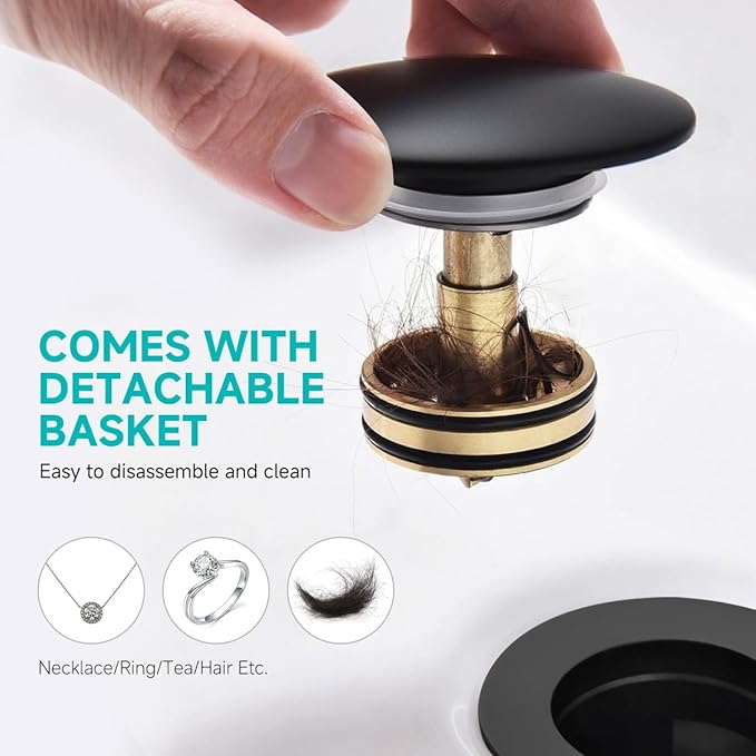Flexible P-Trap Sink Drain Pipe, Bathroom Sink Drain Kits with Strainer Basket Hair Catcher and pop-up Stopper, Fits 1-1/4",1-1/2"and 2" Drain Hole,Matte Black