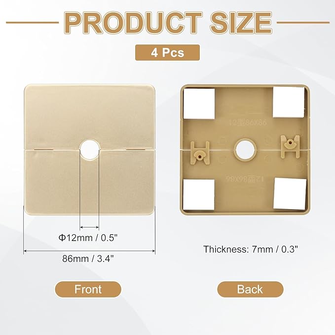 PATIKIL Wall Split Flange 86mm / 3.4" OD, 4 Pcs Square Escutcheon Plate Cover PPR Plumbing Cover Plates with Self-Adhesive Tape for 12mm / 0.5" Dia Water Pipe Faucet, Gold