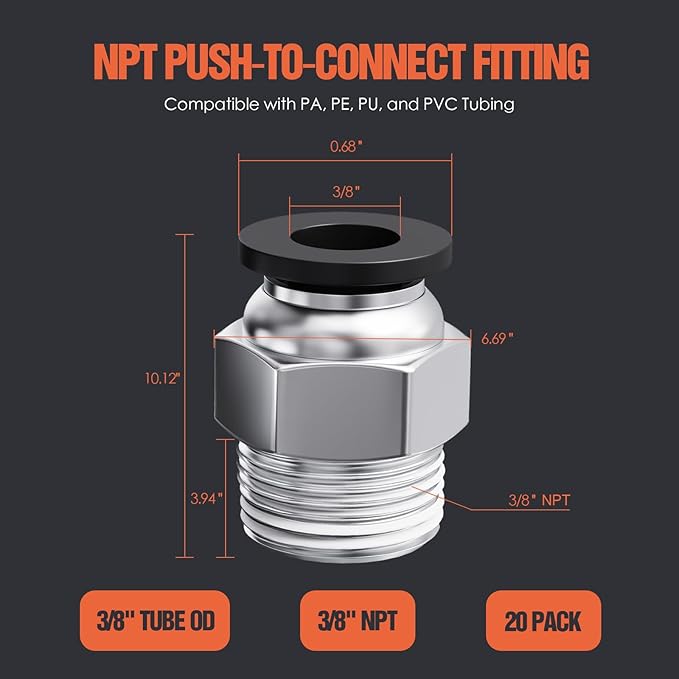 3/8"OD x 3/8"NPT Thread Push to Connect Fittings – Air Line Straight Connectors, Quick Connect Pneumatic Fittings, Push Lock Air Hose Fittings for Compressor, Air Tools & Tubing (20 PCS)
