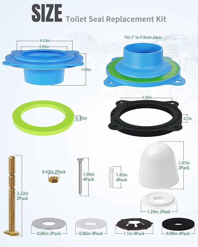 Elastic Wax Ring Kit for Toilet Installation - Reusable Toilet Seal Ring with Blue Seal, EVA Spacer, Full Hardware - Fits 3"/4" Drain & Floor Flange Repair