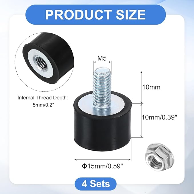 uxcell M5 Rubber Mounts, 4Pcs 15x10mm(DxH) Rubber Cylindrical Anti Vibration Isolator Shock Absorber with Lock Nut for Car Bobbin Generator Air Compressors