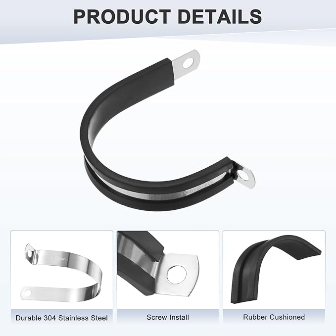 6-Pack Cable Clamps, 1-13/16 Inch/ 46 mm 304 Stainless Steel Rubber Cushioned Insulated Cable Clamp R Shape Metal Holder for Tube/Wire/Pipe/Loop Installation