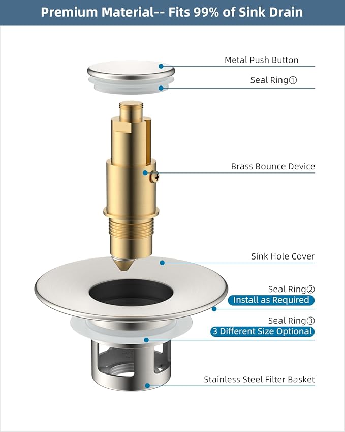Hibbent All Metal Universal Bathroom Sink Stopper for 1.1''~2.3'' Basin, Pop Up Sink Drain Strainer, Brass Bullet Core Push Type Stopper, Stainless Steel Anti Clogging Drain Filter, Brushed Nickel