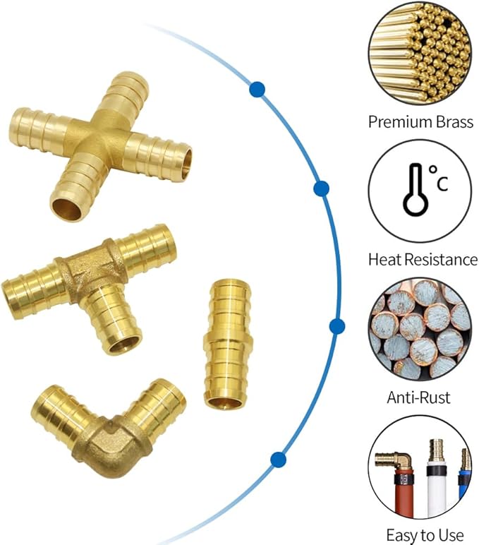 Hooshing 16PCS PEX Fittings Combo 3/4 Inch Straight Coupling (6PCS) 90 Degree Elbow (4PCS) PEX Tee (4PCS) 4 Ways Fittings(2PCS) Solid Brass Barb Crimp Pipe Tube Fitting