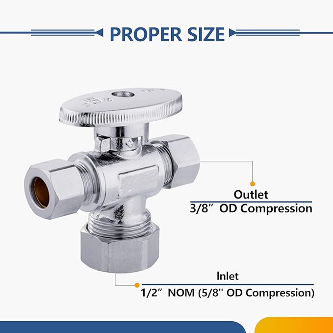 20-Pack GUOFIS Angle Stop Valve with Dual Compression Outlet,1/2" NOM (5/8" OD) Inlet x (3/8" x 3/8") Outlet Shut-off Valves(1/4 Turn,Chrome)(VALVE123-20Pack)
