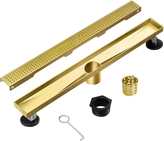 Linear Shower Drain, 40 inch Gold Drain with Removable Grate Cover, Brushed 304 Stainless Steel Shower Floor Drain, Linear Drain with Hair Strainer and Adjustable Feet