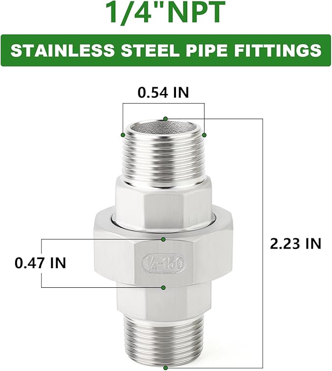 TAISHER 2PCS 304 Stainless Steel Union，1/4" NPT Male x 1/4" NPT Male Cast Pipe Fitting