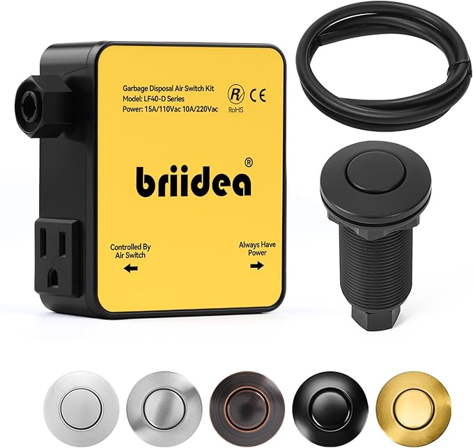 Garbage Disposal Air Switch Kit Dual Outlet Sink Top Waste Disposal Long Stainless Steel Black On/Off Air Button Food and Waste Disposals Part by Briidea, UL Listed