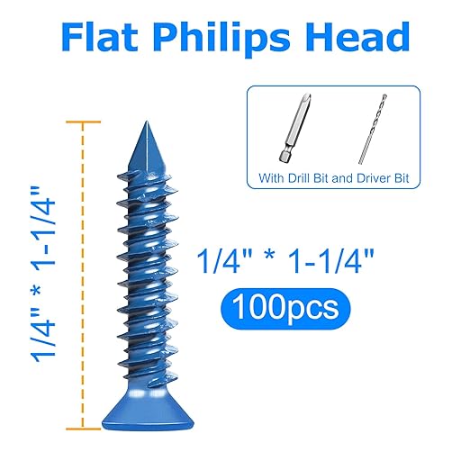 100PCS Concrete Screws Assortment Kit, 1/4" x1-1/4 Masonry Screws with Drill Bit and Driver Bit, Flat Head Cement Screws and Anchor, Diamond Point, Self Tapping Concrete Brick or Stucco, Blue Coated