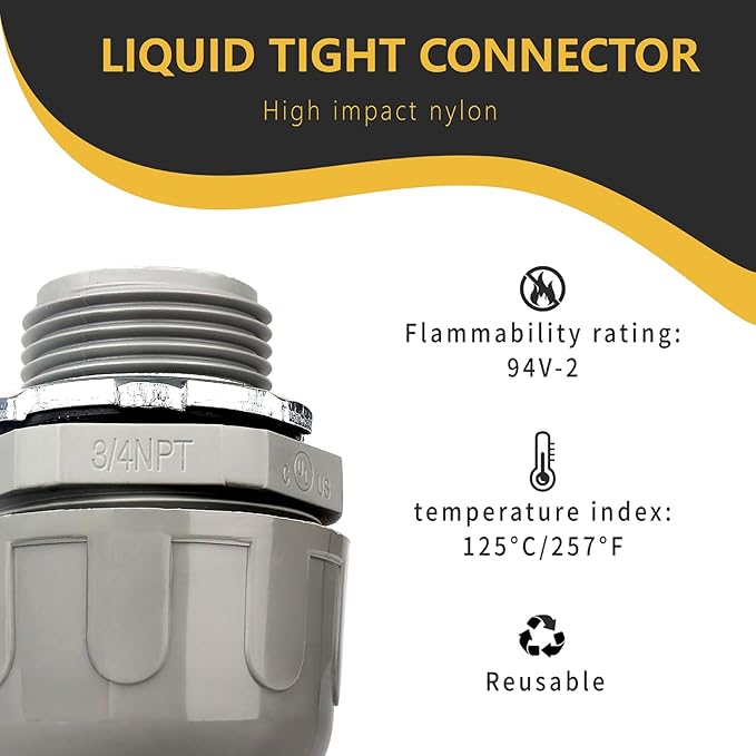 Conduit Connectors, 3/4 Inch Liquid Tight Connector NPT Non-Metallic for PVC Electrical Flexible Conduit Fittings, 180 Degree Straight, UL Listed for Home Outdoor Tubes Tools, Grey (100-Pack)