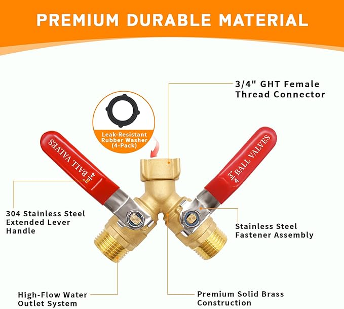 Hose Splitter 2 Way Heavy Duty Brass Garden Hose Splitter Full Flow Water Y Valve Faucet Splitter Connector with Shutoff 3/4 Inch GHT Thread & Quick Connect Hose Fittings