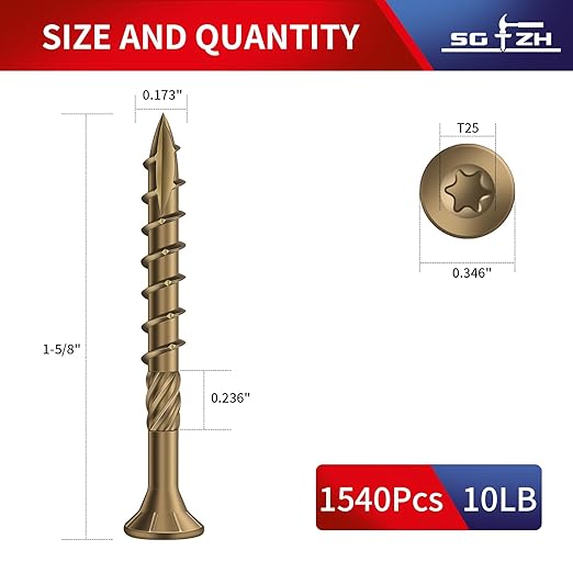 #8 x 1-5/8" Deck Screws (1540Pcs) 10lb. Carbon Steel, Yellow, Flat Head, Rust Resistant epoxy Coated, with T25 Star Bit