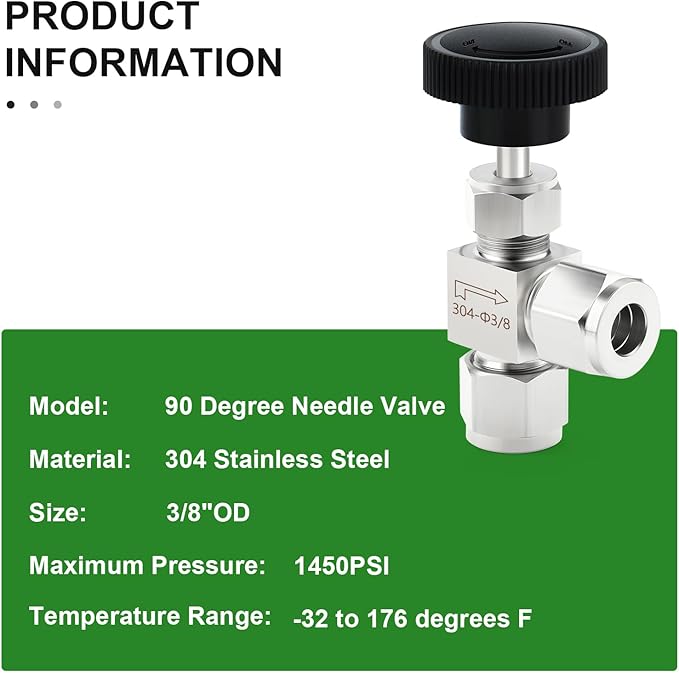 TAISHER 1PCS 304 Stainless Steel Compression Tube Square 90 Degree Needle Valve 3/8"" Tube OD x 3/8"" Tube OD For Flow Control Water Gas Oil, Silver