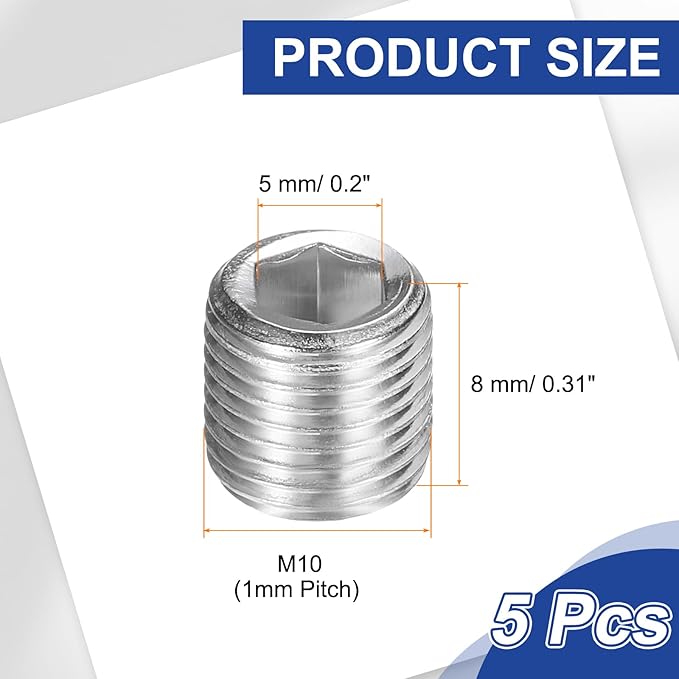 PATIKIL 5 Pcs 304 Stainless Steel Pipe Plug M10 x 1 Male Internal Hex Thread Socket Pipe Plug Hex Countersunk Pipe Fitting for Sealing Water Oil Gas Pipeline, Silver