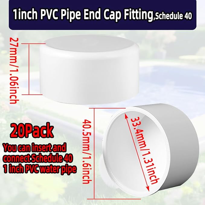 20Pack 1inch PVC Pipe End Cap Fitting,Schedule 40, 1" PVC Pipe End Cap Plug Adapter for Cold Water Supply Lines, Garden Irrigation,Pipe Fitting Systems& DIY Garden Shelf,White.