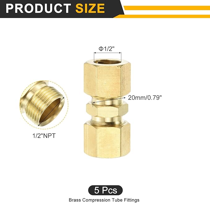 uxcell 5Pcs Brass Compression Tube Fitting, 1/2" Tube OD x 1/2" Tube OD Connector Straight Coupling Adapter Union Fittings