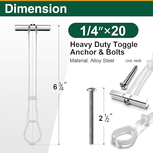 10 Pcs 1/4"-20 Toggle Bolts for Drywall, Heavy Duty Metal Strap Anchors Hold Up to 260 lbs, Wall Mounting Kit for TV, Cabinets & Shelves