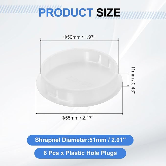 uxcell 6Pcs Plastic Hole Plugs, 50mm(2") Flush Type Panel Plugs, Round Snap Knockout Locking Plugs for Furniture Insert End Caps Panels, White