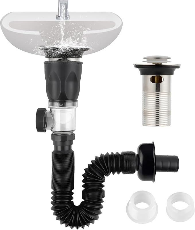 iFealClear Bathroom Sink Drain Kits, Flexible P-Trap Drain Pipe with Pop Up Stopper, Bathroom Sink Pipe Tube Replacement with 2 Adapters, Fits 1-1/4'', 1-1/2'', 2" Holes, Hair Catcher, Brushed Nickel