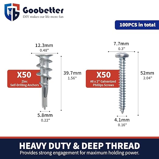 Drywall Anchors and Screws Kit, 100 Pcs Self Drilling Drywall Anchors, 50 Pcs Zinc Sheetrock Anchors and 50 Pcs #8 x 2 Metal Screws, Heavy Duty Hollow Wall Anchors, 75 Lbs Hanging Mounting