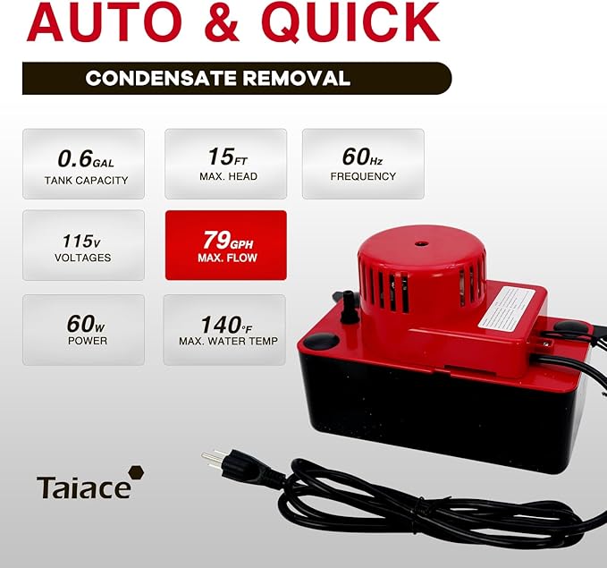 Professional Condensate Pump 115V/120V, 79GPH Flow & 15ft Lift, Auto Safety Switch for HVAC/AC/Dehumidifier/Furnace, Quiet with 20ft Tubing & 2 x Hose Clamp