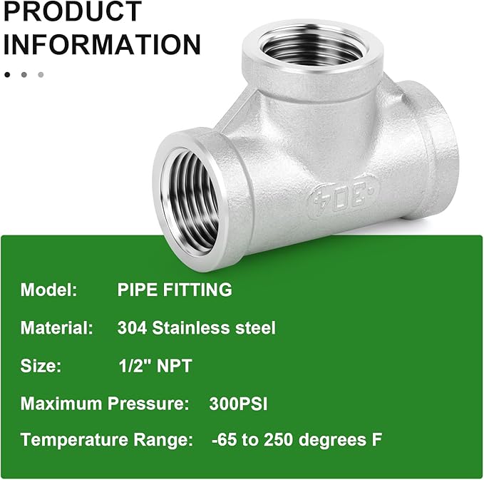 TAISHER 5PCS Stainless Steel Tee Pipe Fittings, 1/2" x 1/2" x 1/2" NPT Female Pipe Fittings