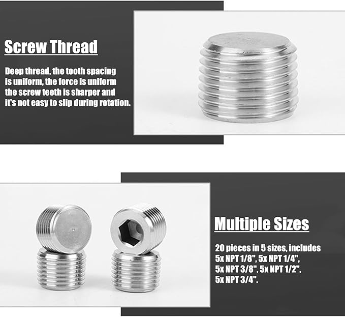 20 Pcs Stainless Steel Pipe Plug Fitting Assortment Kit, 5 Sizes 1/8" 1/4" 3/8" 1/2" 3/4" NPT Male Internal Hex Thread Socket Pipe Plug for Sealing Pipe Port