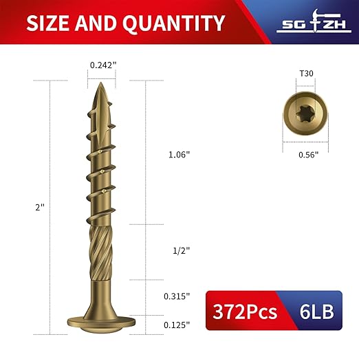 #14 x 2 Inch Lag Screws (372Pcs) 6lb. Structural Wood Screw, Bronze, Carbon Steel, Washer Head, Rust Resistant epoxy Coated, T30 Star Bit
