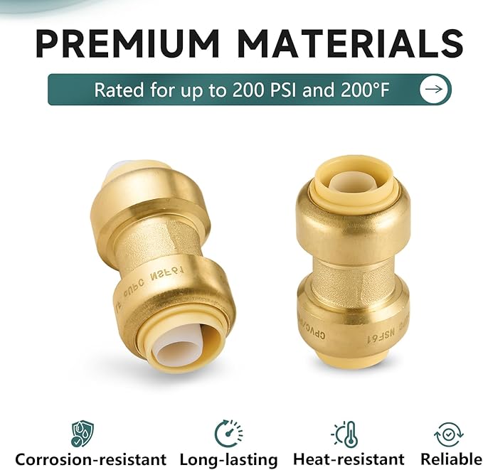 5-Pack Niikappu Push Fit Fittings, 3/4" x 3/4" Brass Plumbing Fittings to Connect PEX, Copper, CPVC, Brass Straight Coupling With Disconnect Clip(PF008-5Pack)