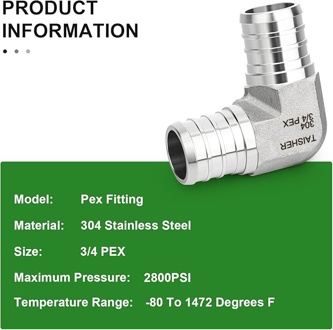 TAISHER 2PCS 304 Stainless Steel 90 Degree Elbow Pex Fittings, 3/4" Pex Fitting With 4PCS Hose Clamp For Pex Tubing Pipe