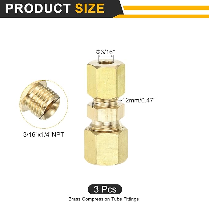 uxcell 5Pcs Brass Compression Tube Fitting, 3/16" Tube OD x 1/4" Tube OD Connector Straight Coupling Adapter Union Fittings