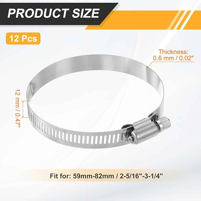 HARFINGTON 12 Pcs Hose Clamp 2-5/16"-3-1/4" (59-82mm) 304 Stainless Steel Adjustable Worm Gear Hose Clamp with Phillips Screw Assortment Kit for Fuel Line Pipe Plumbing Automotive Tube