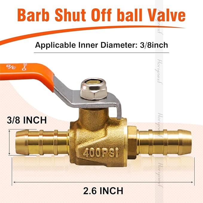 3/8 inch brass mini shut off ball barb valve for water fuel hose gas line rv air tubing, straight inlet manifold petcock 3/8 fuel shut off valve (2pcs with clamps kit)