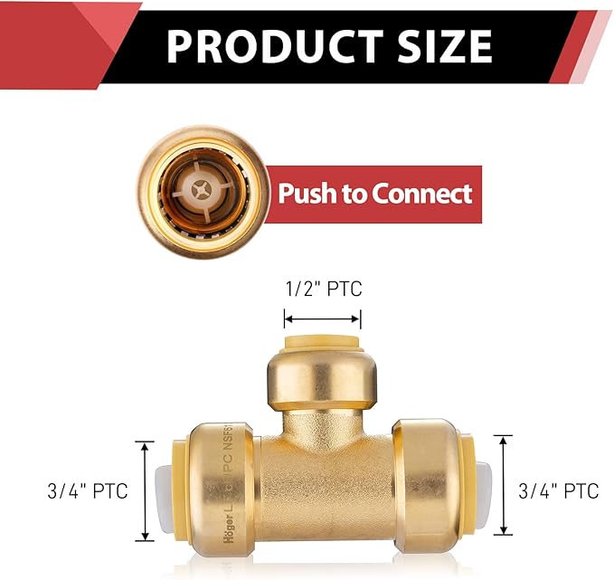 (Pack of 5) EFIELD 3/4"x 3/4" x1/2" Tee Push-Fit Fitting to Connect Pex, Copper, CPVC With 2 Sizes Disconnect Clips,(PF127-5PCS)