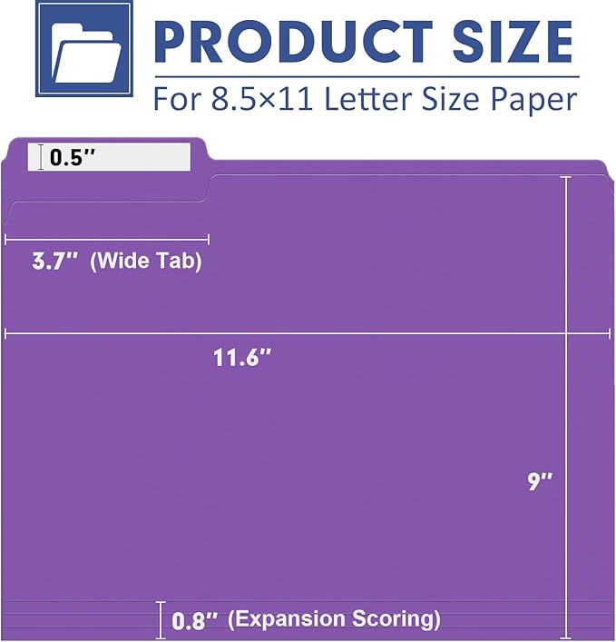 File Folder, PANDRI 120 Pack File Folder, 1/3 Cut Tab, Letter Size, Filing Folder for Office School Business, Purple