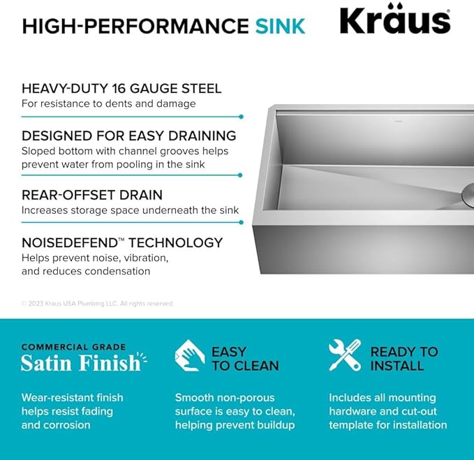 KRAUS Kore 33-Inch Farmhouse Workstation 16 Gauge Single Bowl Stainless Steel Kitchen Sink with Accessories, KWF210-33