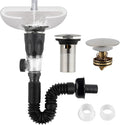 iFealClear Bathroom Sink Drain Kit, Flexible P-Trap Drain Pipe with Pop Up Stopper, Sink Pipe Replacement with 2 Adapters, Fits 1-1/4'', 1-1/2'', 2" Holes, Large Cover Cap, Brushed Nickel