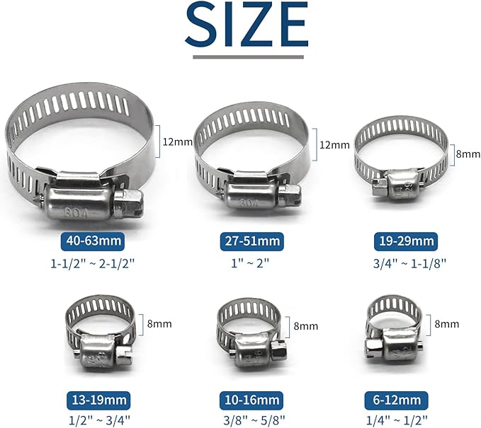 16 Pack Stainless Steel Hose Clamps, 1 inch to 2 inch Worm Gear Metal Hose Clamps for Pipe, Dryer Repair, Tubing and Fuel Line