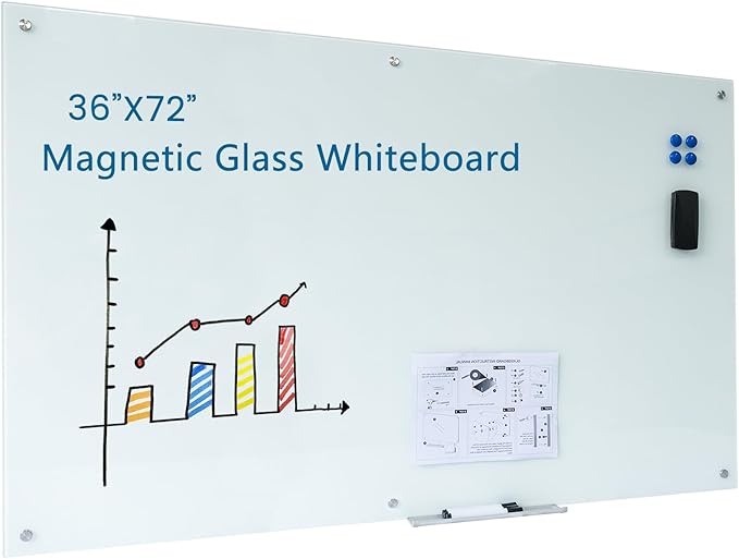 Magnetic Glass Whiteboard 36"X72" Dry Erase Board White Board Wall Mounted WritingBoard for Office School Home Accessory Tray 3 Dry Erase Marker 4 Glass Board Magnets and 1 Magnetic Eraser