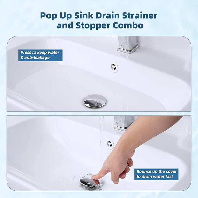 Hibbent 2 Pack Upgraded 3 in 1 Bathroom Sink Drain Strainer, Pop Up Sink Stopper with Big Push Cap, Anti-Clogging Metal Filter Basket,Sink Plug with Hair Catcher for 1.1''~2.36'' Basin, Chrome