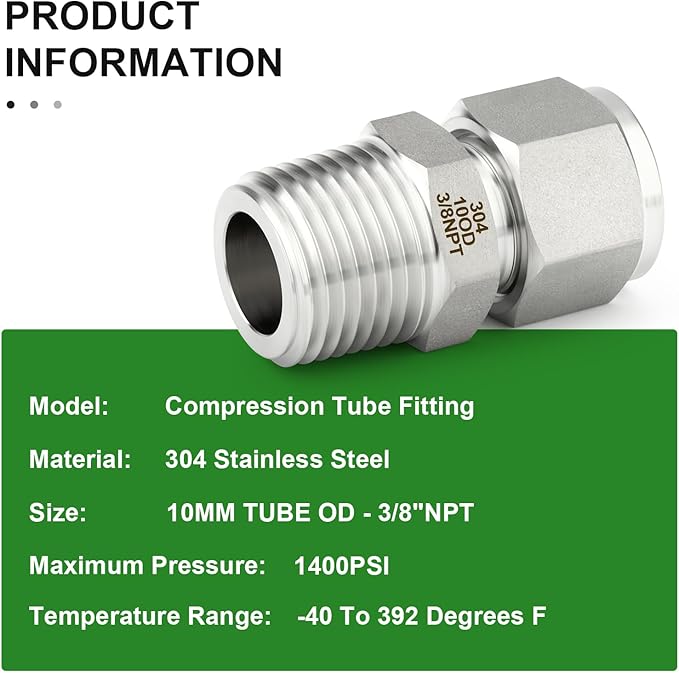 TAISHER 5PCS 304 Stainless Steel Compression Tube Pipe Fitting Connector, 10MM Tube OD x 3/8" NPT Male Straight Adapter